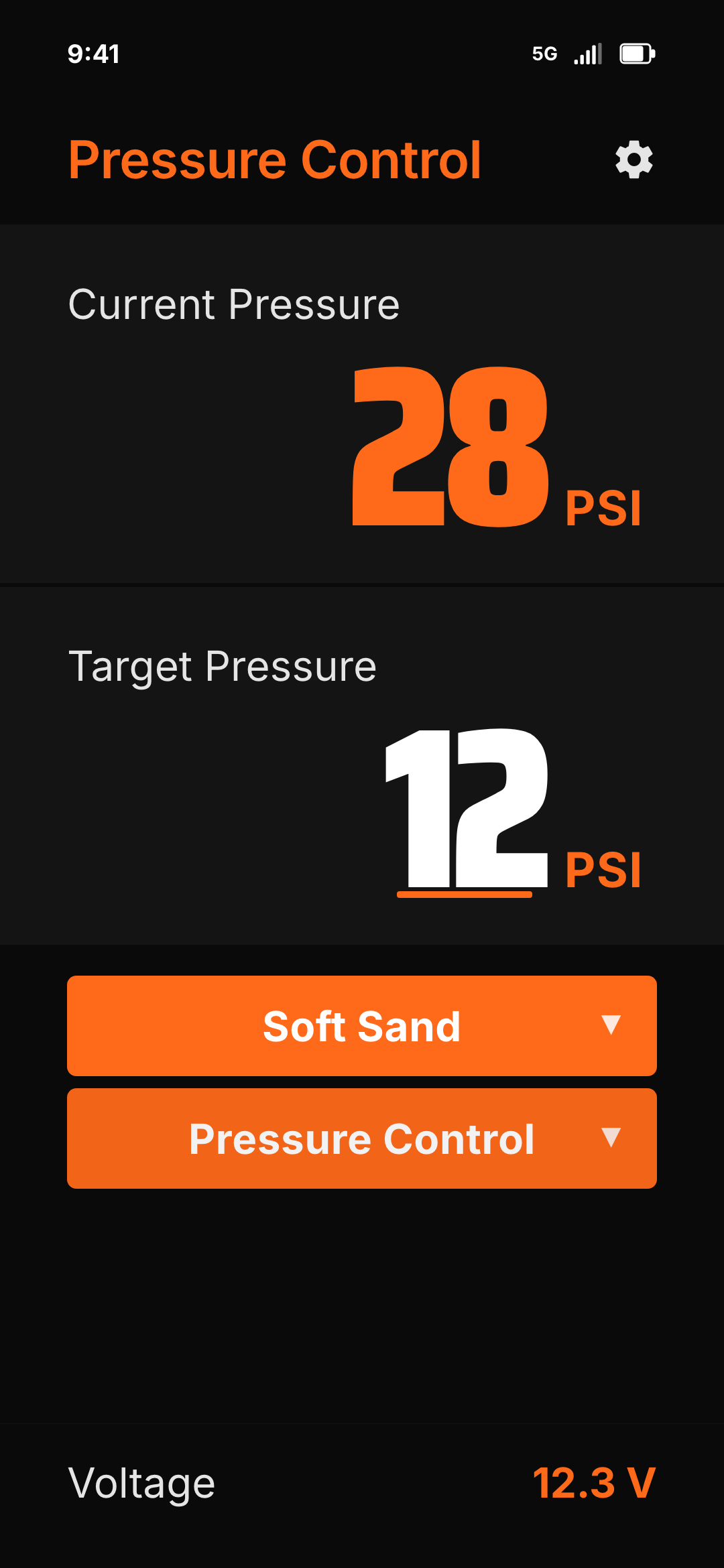 TireCommand app — Pressure Control with current 28 PSI deflating to target 12 PSI Soft Sand mode