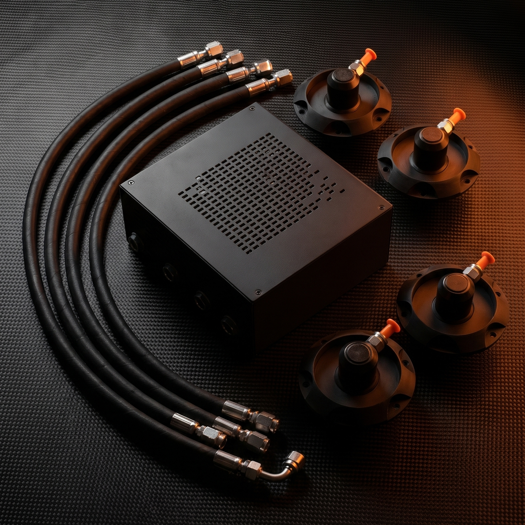 TireCommand kit components — 4 valve cores with orange caps, 4 polyurethane air lines, 1 control unit, all on dark studio background