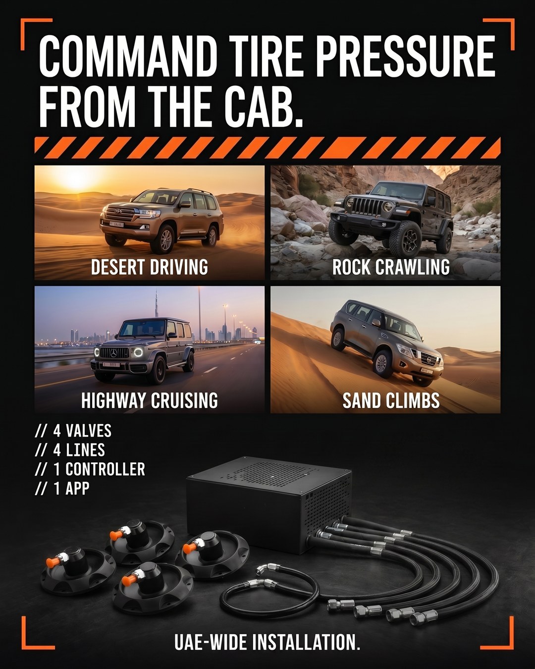 TireCommand compatible vehicles in real UAE terrain — Land Cruiser desert driving, Wrangler rock crawling, G-Wagon highway cruising, Patrol sand climbs